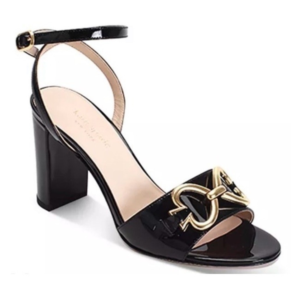 Kate Spade New York Lagoon Black Patent Gold Logo Sandals Classic Sz 8 - Picture 1 of 6